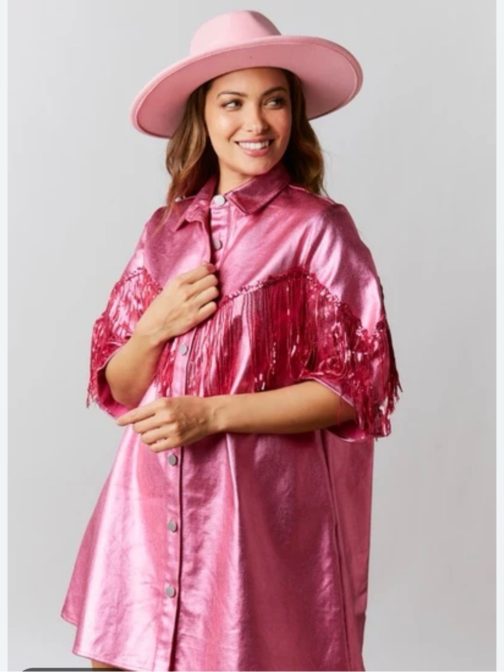 Fantastic Fawns Pink Metallic Sparkle Fringe Button Front Dress Sz S Western